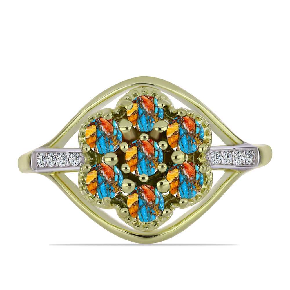 Anillo de Plata Bañada en Oro con Turquesa Ostra y Topacio Blanco 1 