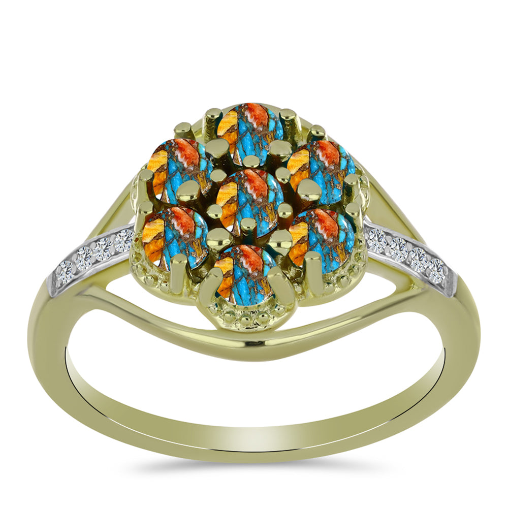 Anillo de Plata Bañada en Oro con Turquesa Ostra y Topacio Blanco