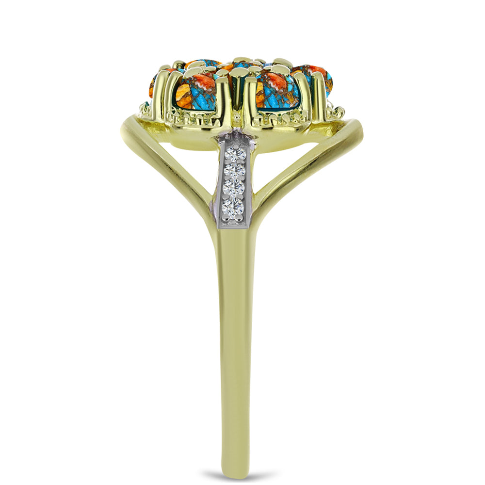 Anillo de Plata Bañada en Oro con Turquesa Ostra y Topacio Blanco 4 