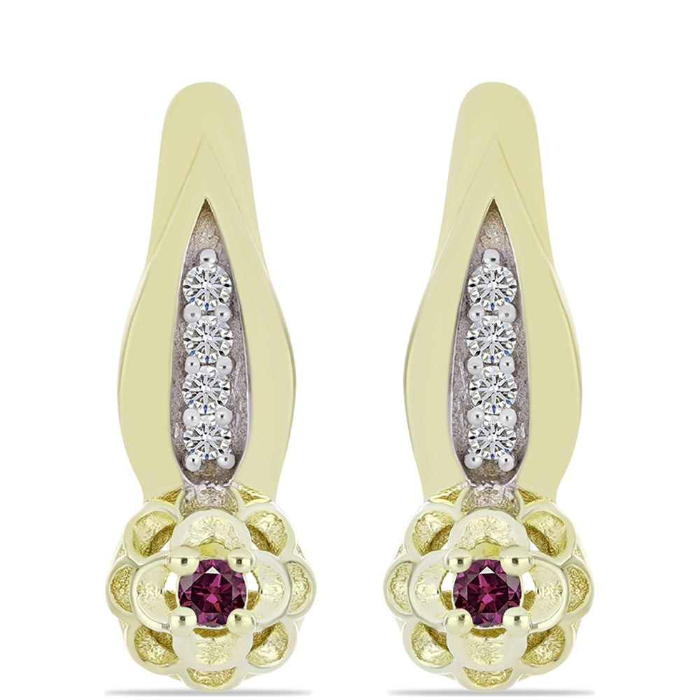 Pendientes de Plata Bañada en Oro con Diamante Púrpura y Diamante blanco 1 