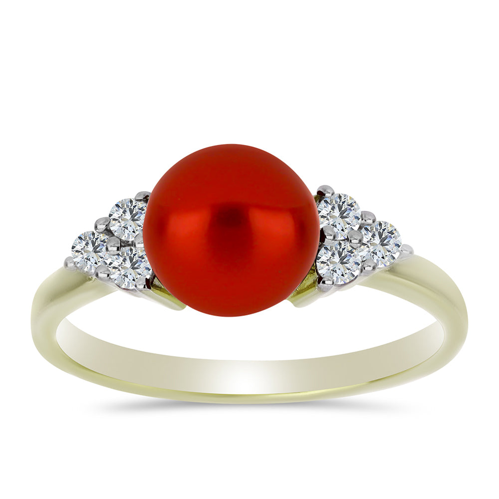 Anillo de Plata Bañada en Oro con Perla roja de río y Topacio Blanco
