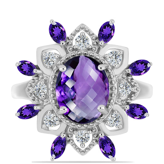 Anillo de Plata con Amatista de Marruecos y Topacio Blanco