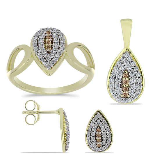 Conjunto de Plata Bañada en Oro con Diamante Champagne y Topacio Blanco ( Pendientes +Anillo +Colgante )