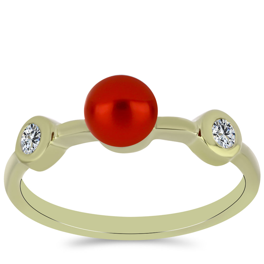 Anillo de Plata Bañada en Oro con Perla roja de río y Topacio Blanco