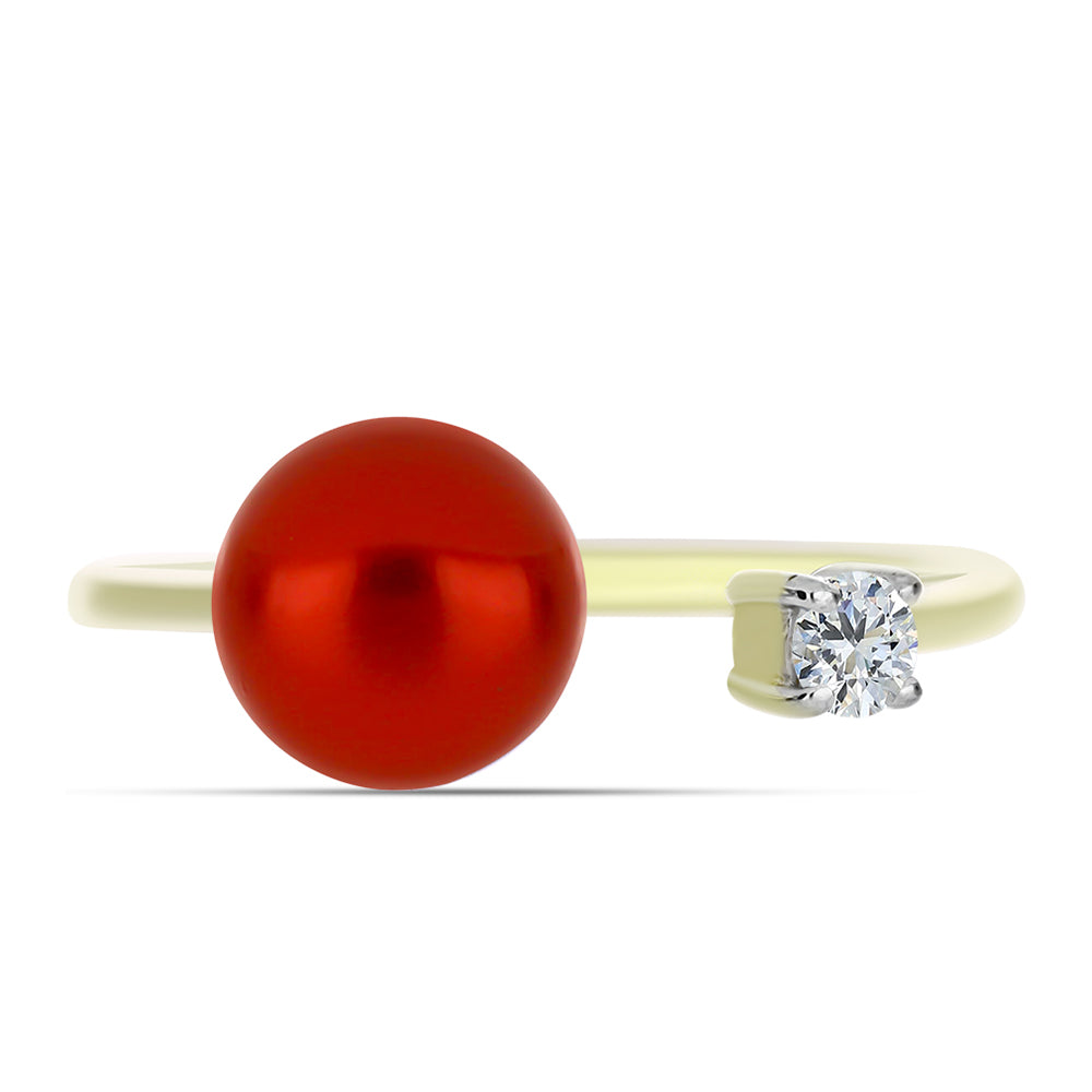 Anillo de Plata Bañada en Oro con Perla roja de río y Topacio Blanco 1 