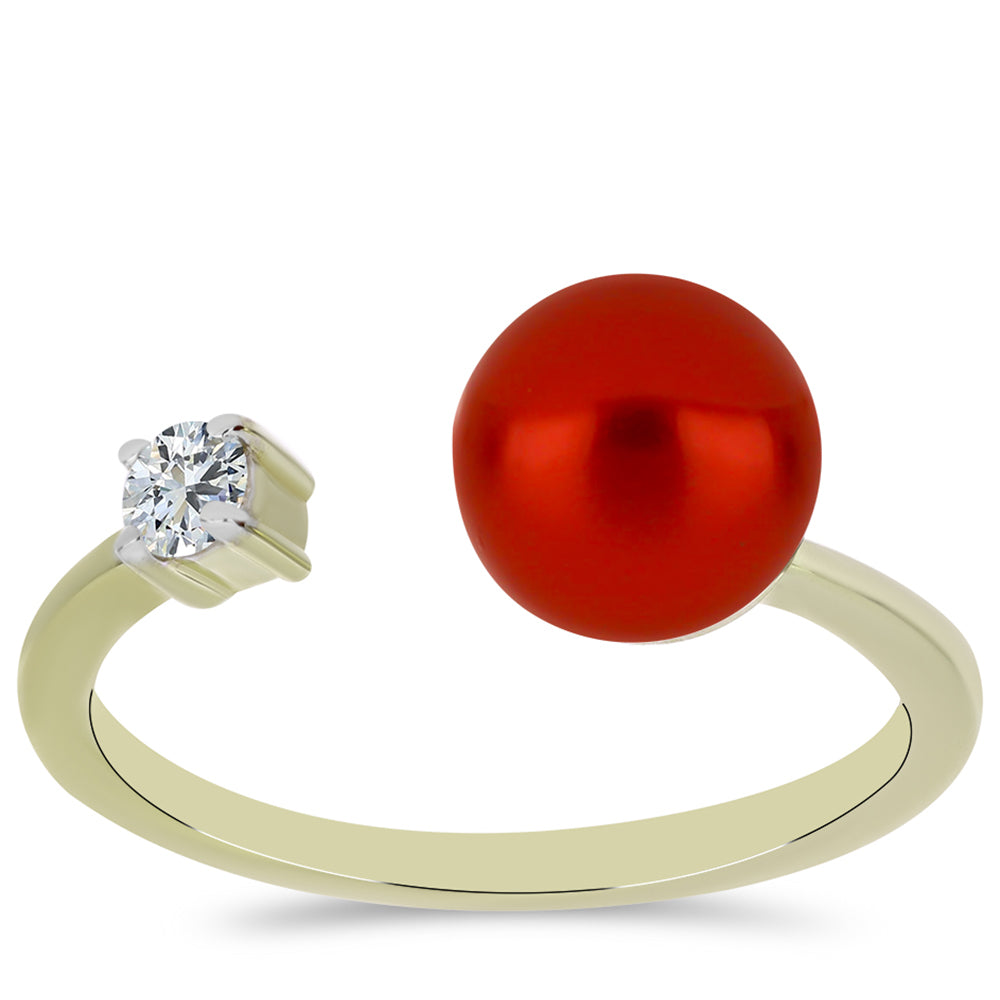 Anillo de Plata Bañada en Oro con Perla roja de río y Topacio Blanco 3 
