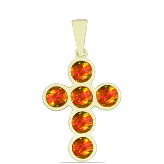 Cruz Colgante de Plata Bañada en Oro con Ópalo de fuego americano