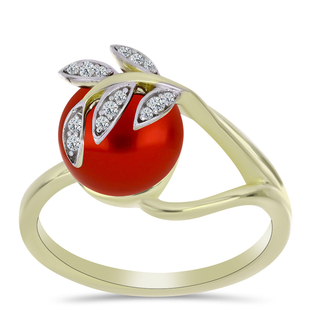 Anillo de Plata Bañada en Oro con Perla roja de río y Topacio Blanco 3 