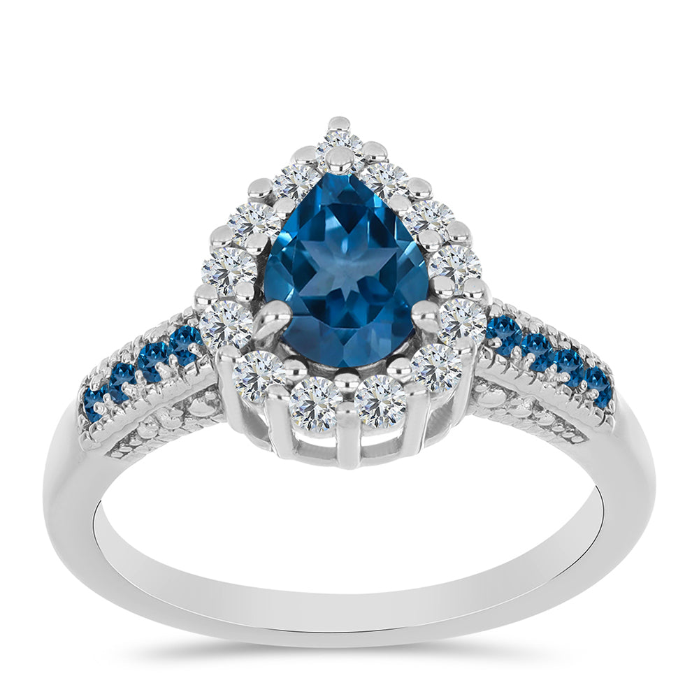 Anillo de Plata con Topacio Azul Londres y Topacio Blanco