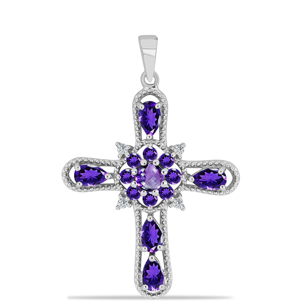 Cruz Colgante de Plata con Amatista de Marruecos y Topacio Blanco 1 