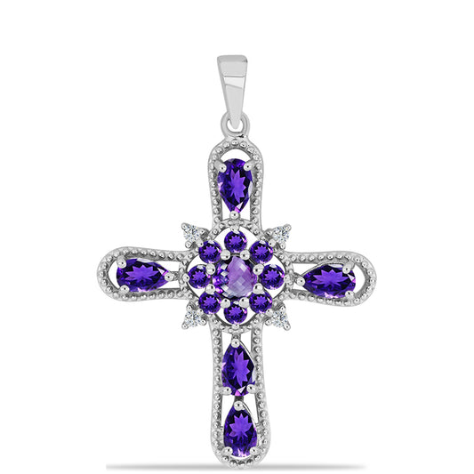 Cruz Colgante de Plata con Amatista de Marruecos y Topacio Blanco