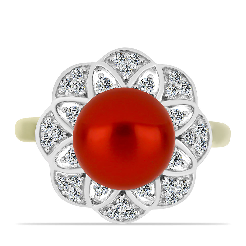 Anillo de Plata Bañada en Oro con Perla roja de río y Topacio Blanco 1 