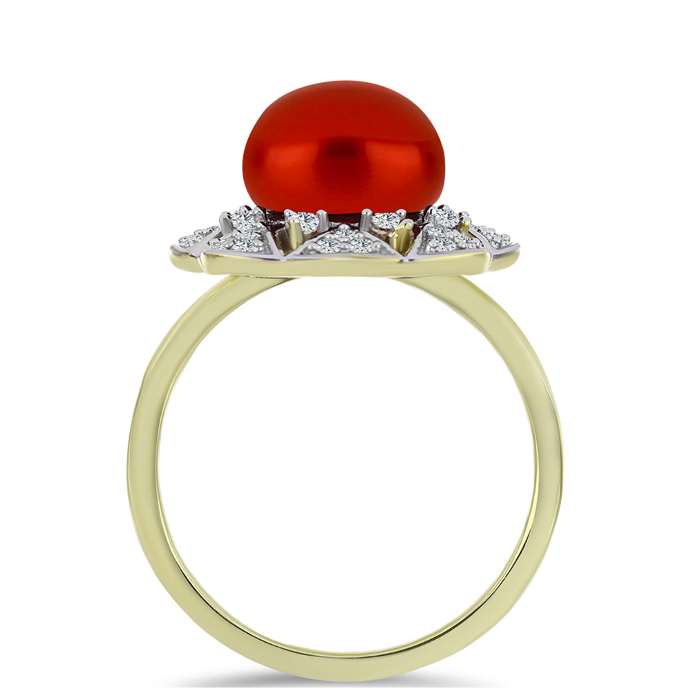 Anillo de Plata Bañada en Oro con Perla roja de río y Topacio Blanco 2 