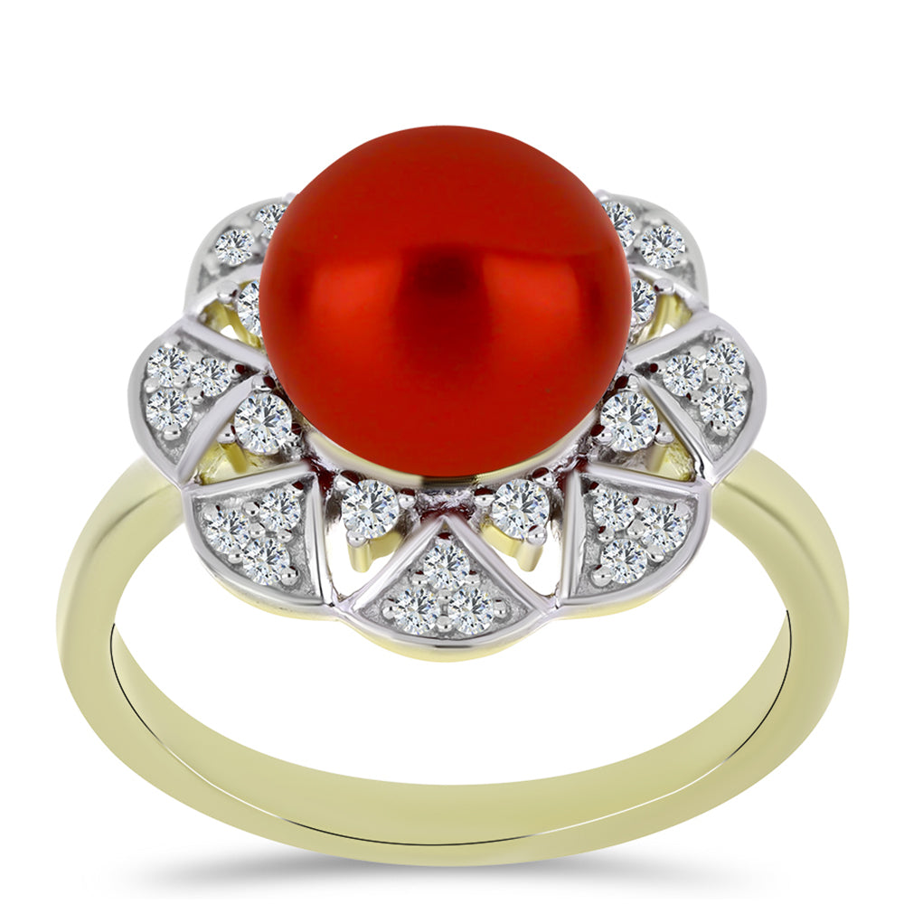 Anillo de Plata Bañada en Oro con Perla roja de río y Topacio Blanco 3 