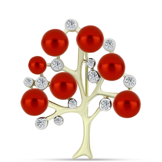 Broche de Plata Bañada en Oro con Perla roja de río y Topacio Blanco