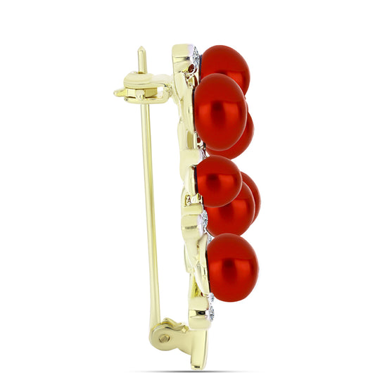 Broche de Plata Bañada en Oro con Perla roja de río y Topacio Blanco