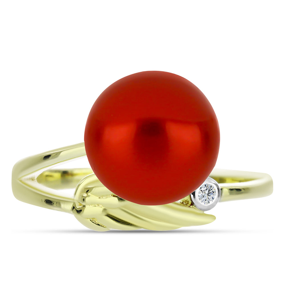 Anillo de Plata Bañada en Oro con Perla roja de río y Topacio Blanco