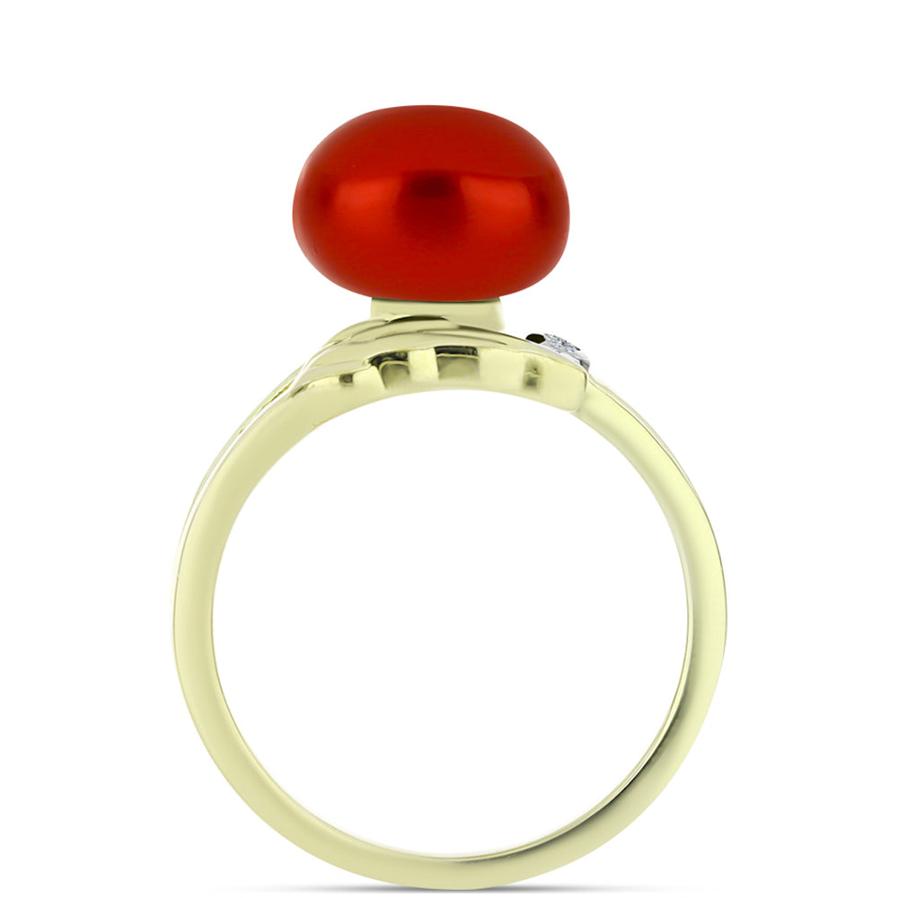Anillo de Plata Bañada en Oro con Perla roja de río y Topacio Blanco 2 