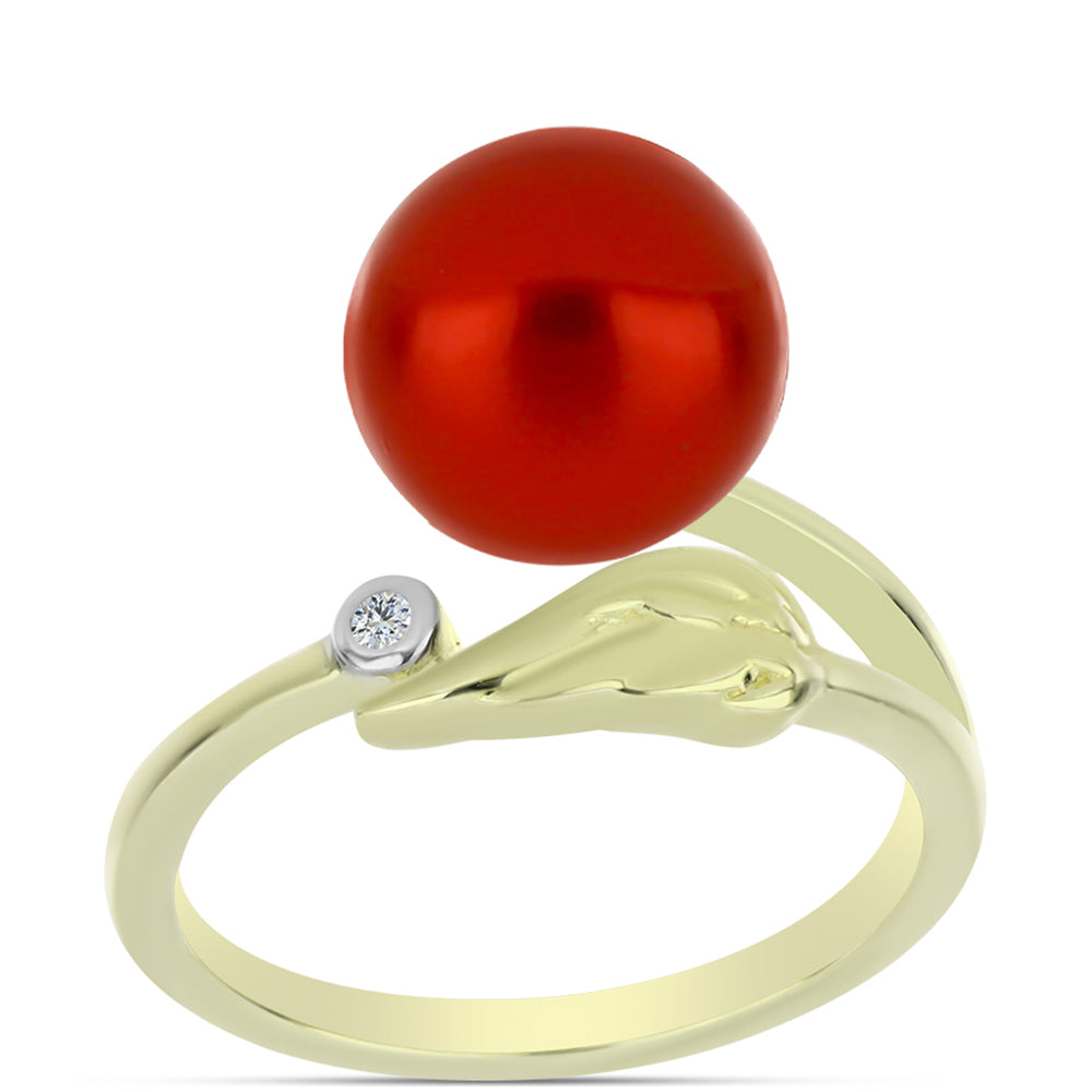 Anillo de Plata Bañada en Oro con Perla roja de río y Topacio Blanco