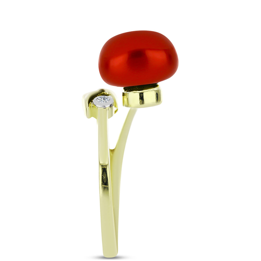 Anillo de Plata Bañada en Oro con Perla roja de río y Topacio Blanco 4 