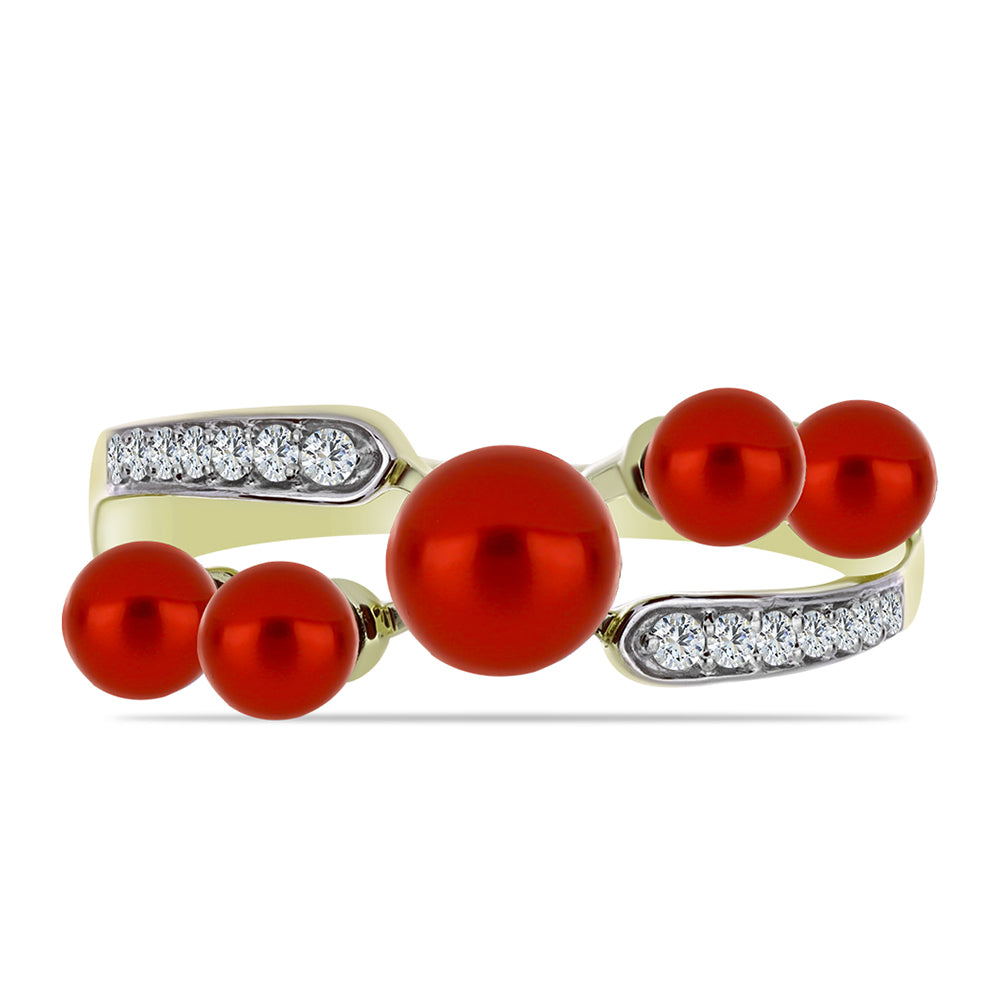 Anillo de Plata Bañada en Oro con Perla roja de río y Topacio Blanco 2 