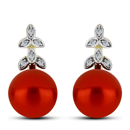 Pendientes de Plata Bañada en Oro con Perla roja de río y Topacio Blanco