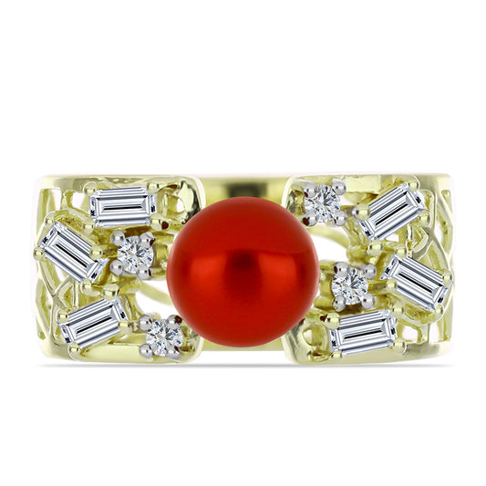 Anillo de Plata Bañada en Oro con Perla roja de río y Topacio Blanco