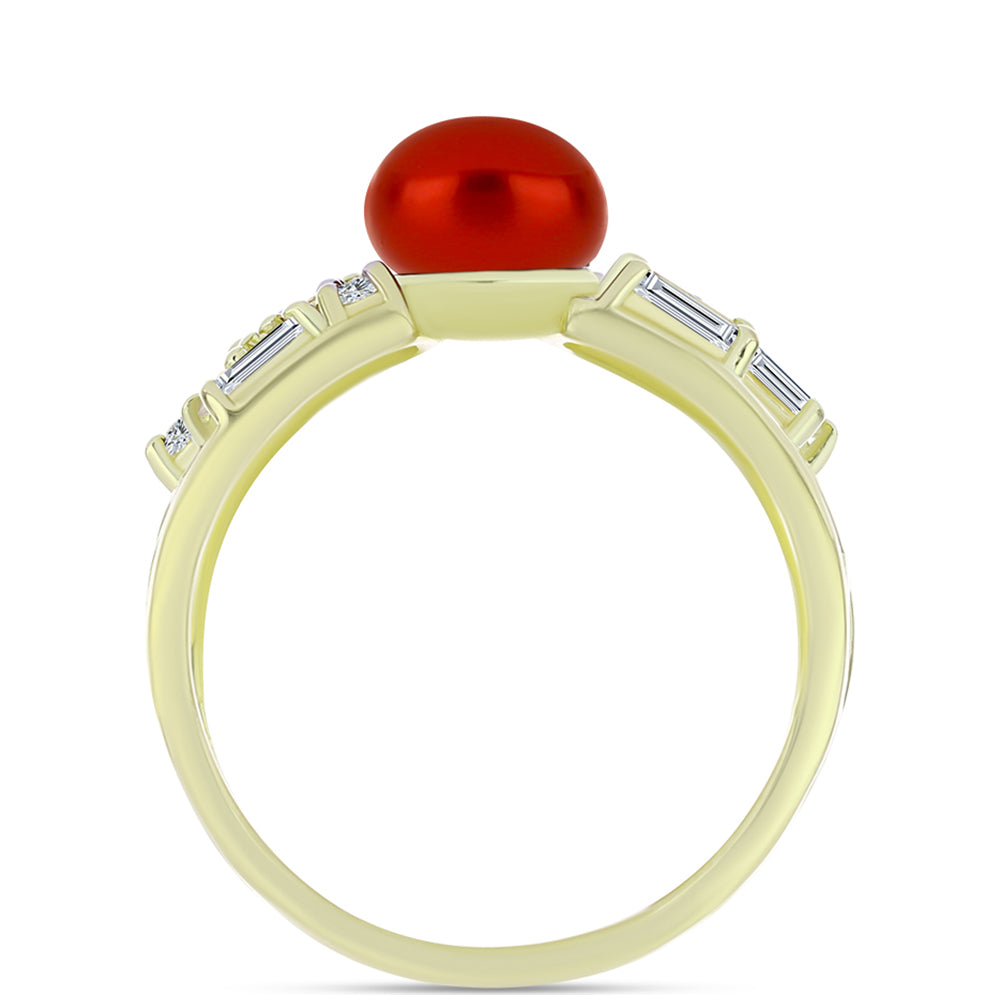 Anillo de Plata Bañada en Oro con Perla roja de río y Topacio Blanco