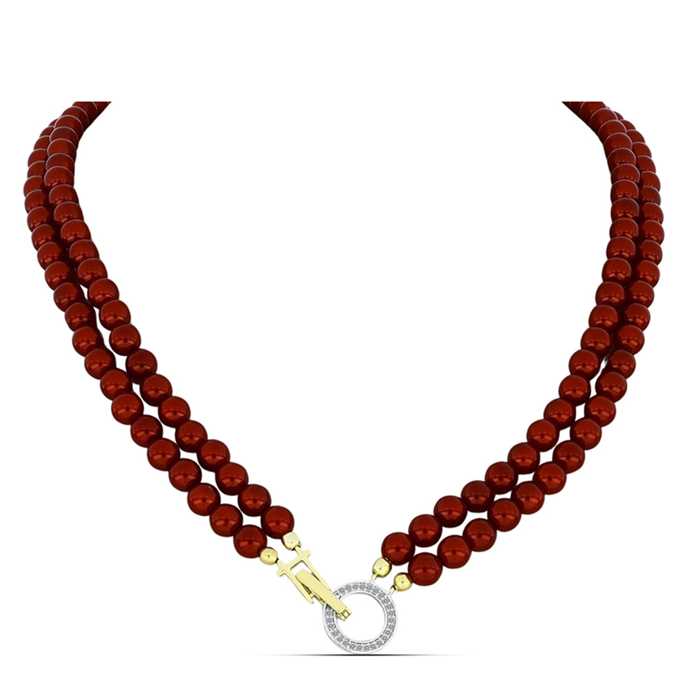 Collar de Plata Bañada en Oro con Perla roja de río y Topacio Blanco 1 