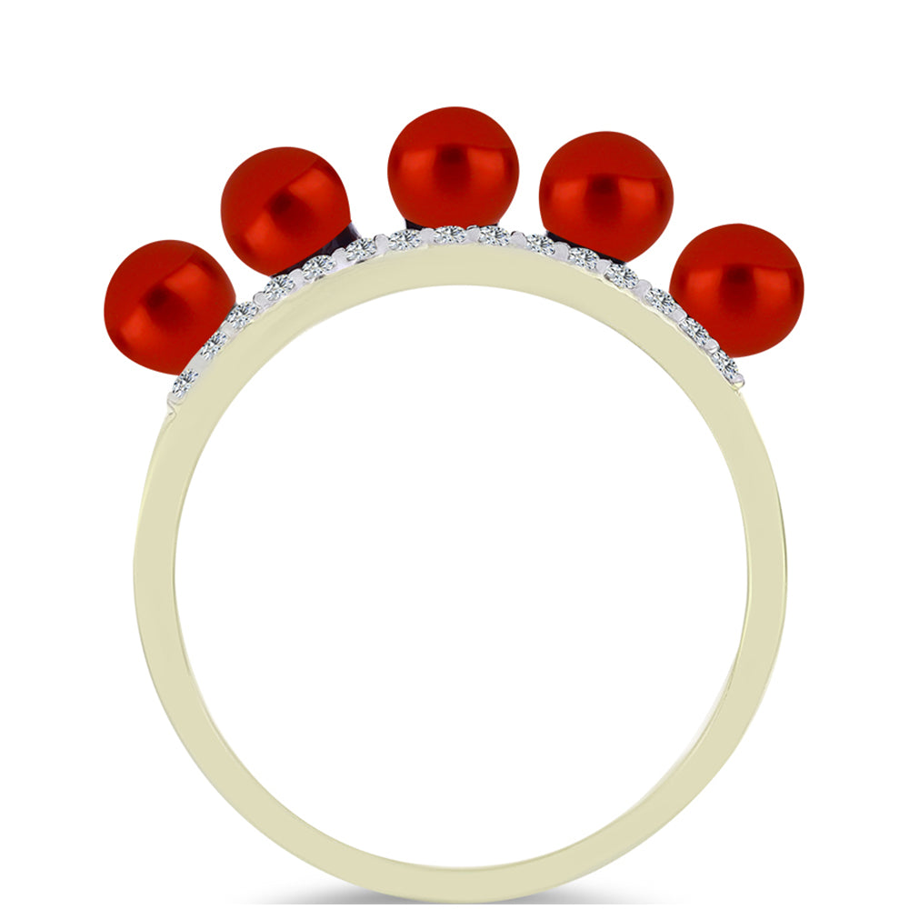 Anillo de Plata Bañada en Oro con Perla roja de río y Topacio Blanco 3 