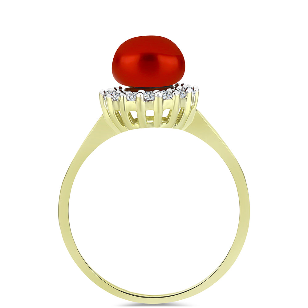 Anillo de Plata Bañada en Oro con Perla roja de río y Topacio Blanco 2 