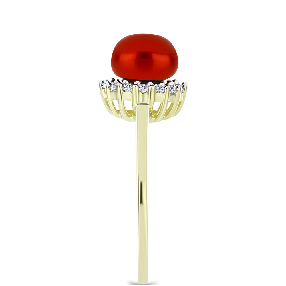 Anillo de Plata Bañada en Oro con Perla roja de río y Topacio Blanco