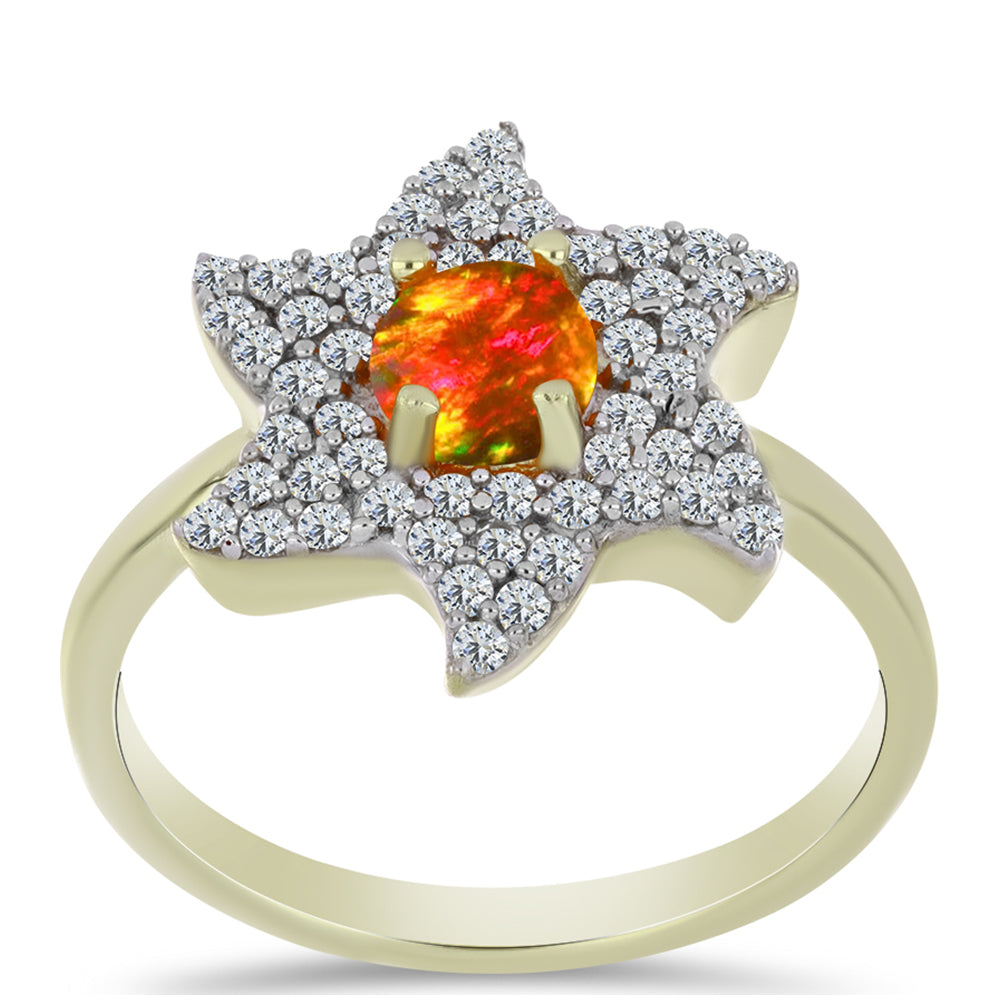 Anillo de Plata Bañada en Oro con Ópalo de fuego americano y Topacio Blanco 3 