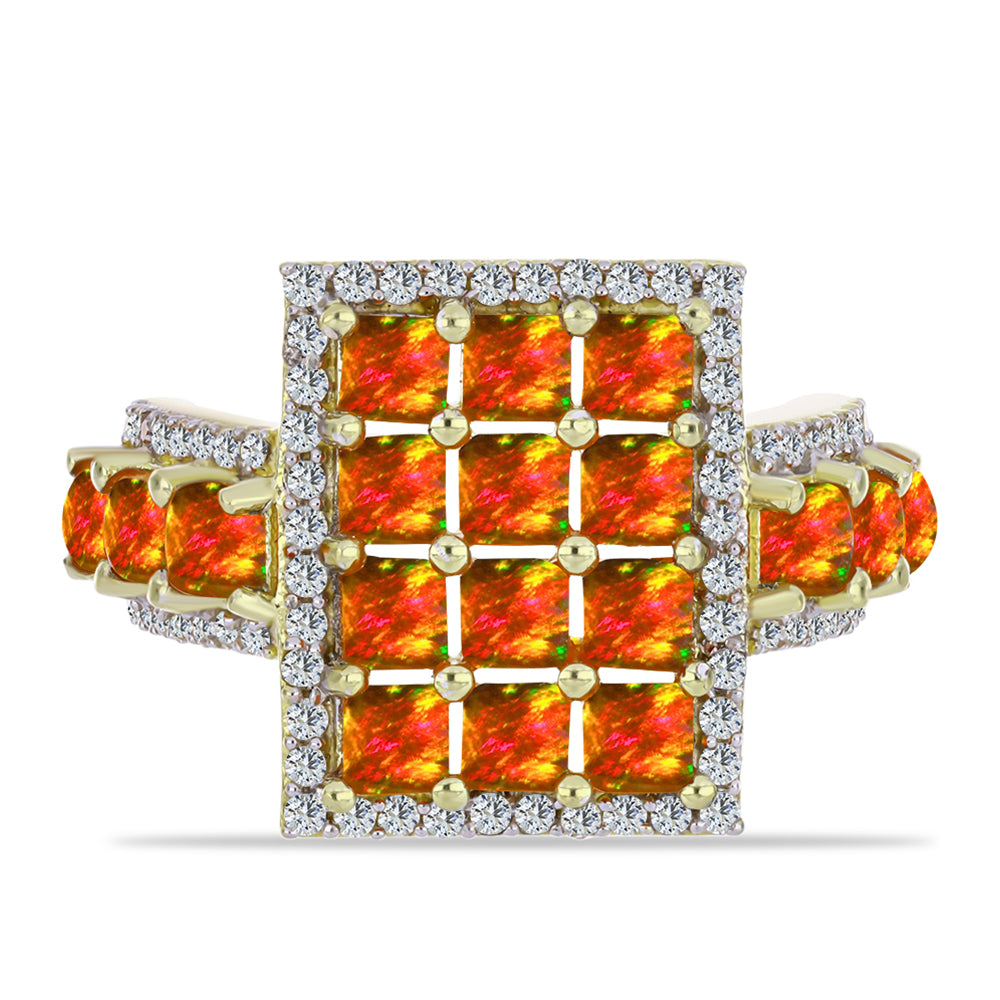 Anillo de Plata Bañada en Oro con Ópalo de fuego americano y Topacio Blanco 1 