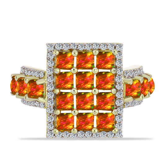 Anillo de Plata Bañada en Oro con Ópalo de fuego americano y Topacio Blanco