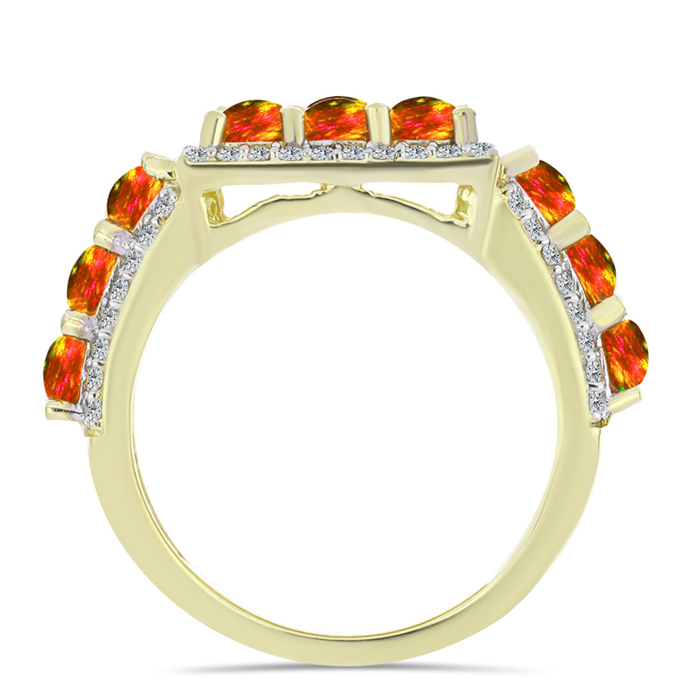 Anillo de Plata Bañada en Oro con Ópalo de fuego americano y Topacio Blanco