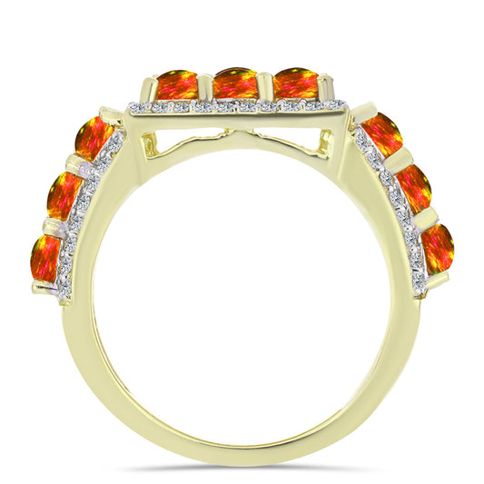 Anillo de Plata Bañada en Oro con Ópalo de fuego americano y Topacio Blanco