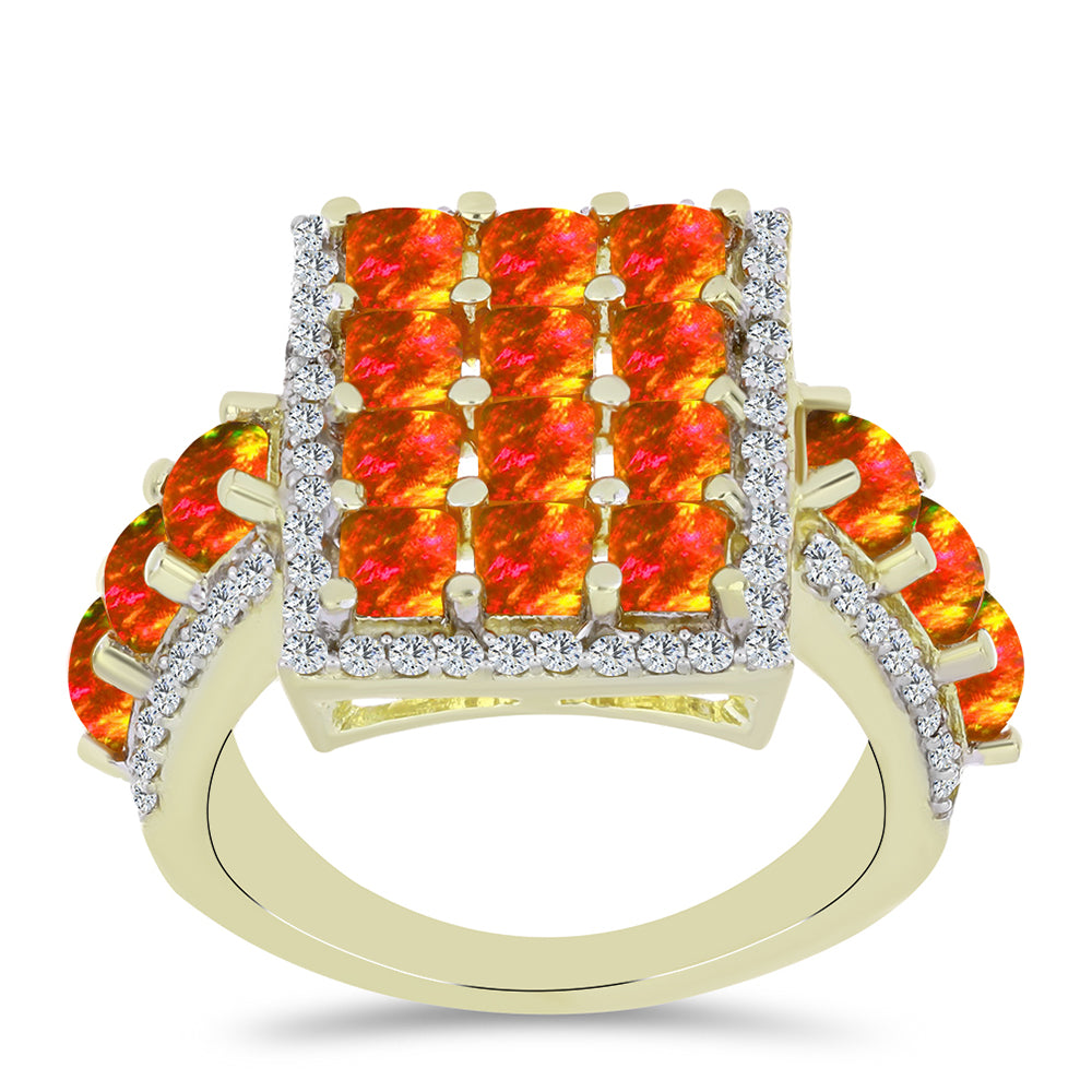 Anillo de Plata Bañada en Oro con Ópalo de fuego americano y Topacio Blanco