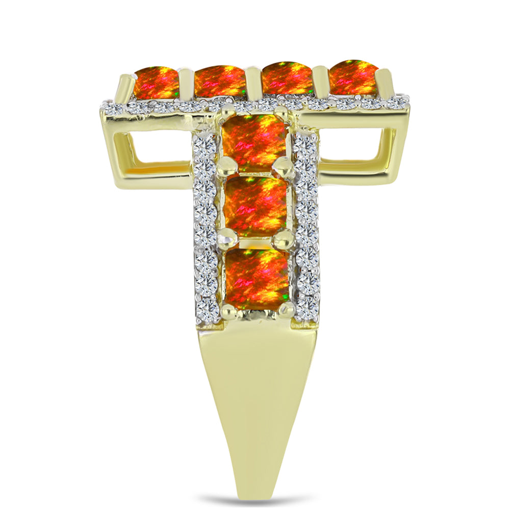 Anillo de Plata Bañada en Oro con Ópalo de fuego americano y Topacio Blanco