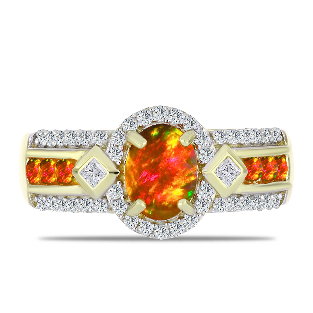 Anillo de Plata Bañada en Oro con Ópalo de fuego americano y Topacio Blanco 1 