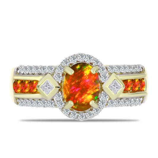 Anillo de Plata Bañada en Oro con Ópalo de fuego americano y Topacio Blanco