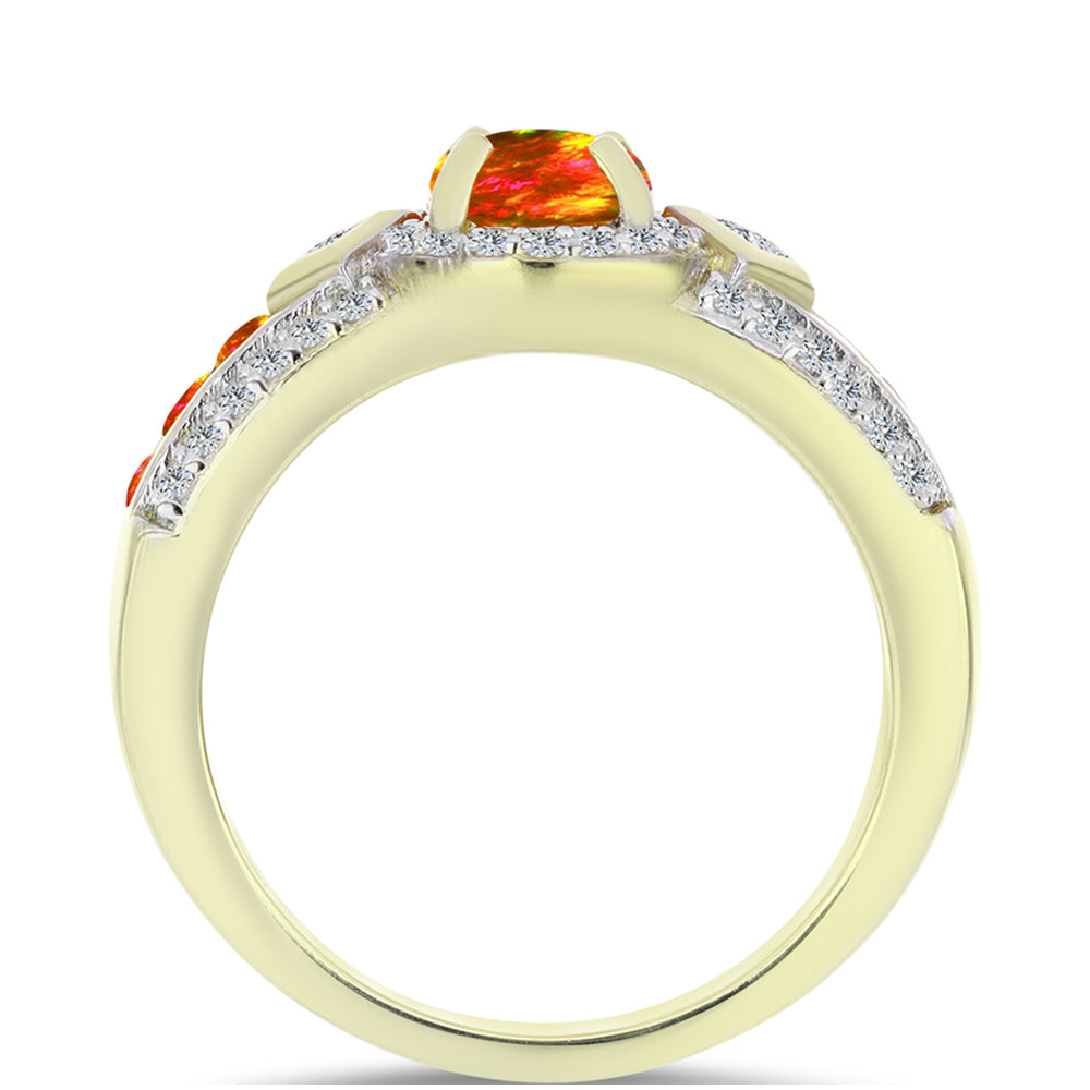 Anillo de Plata Bañada en Oro con Ópalo de fuego americano y Topacio Blanco 2 