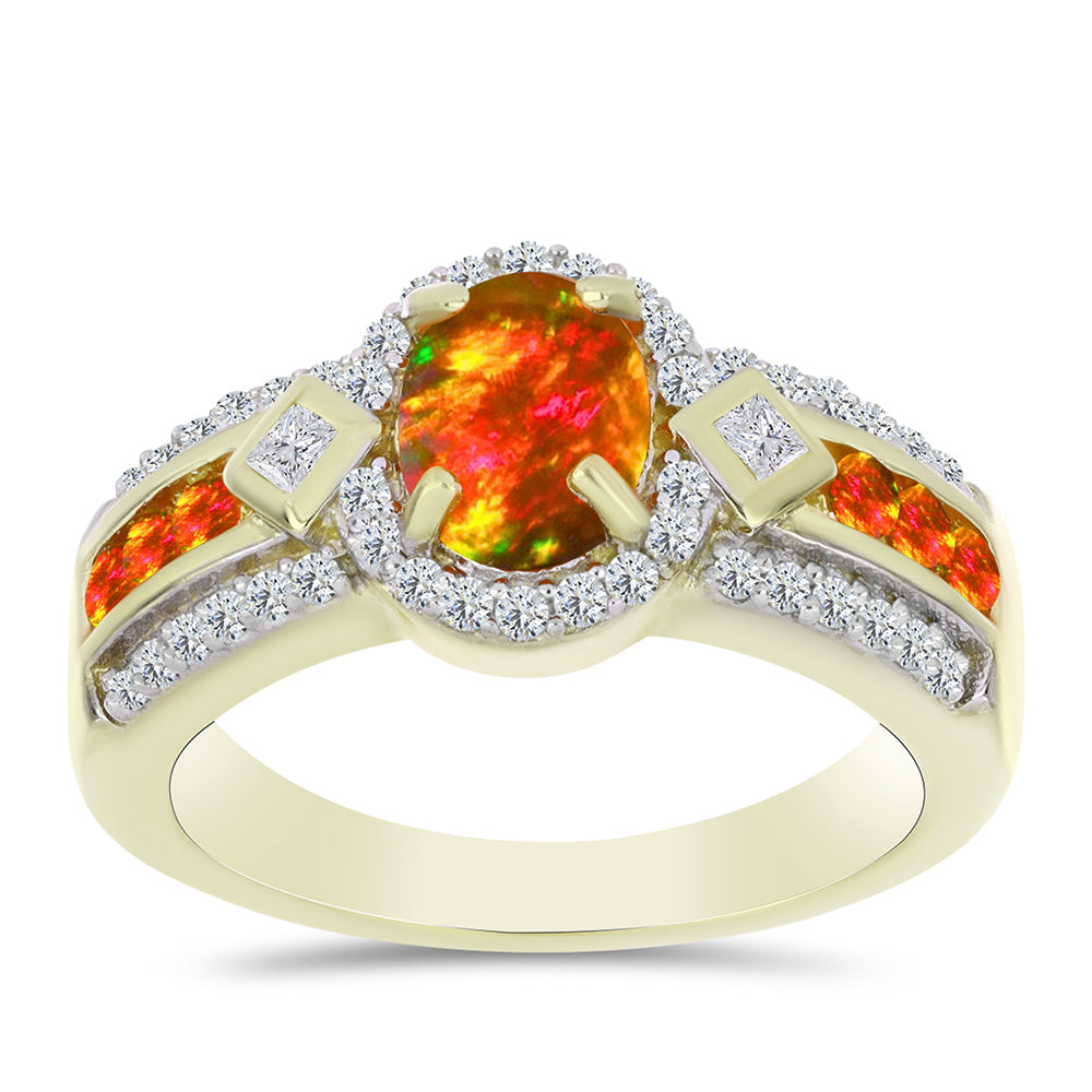 Anillo de Plata Bañada en Oro con Ópalo de fuego americano y Topacio Blanco 3 