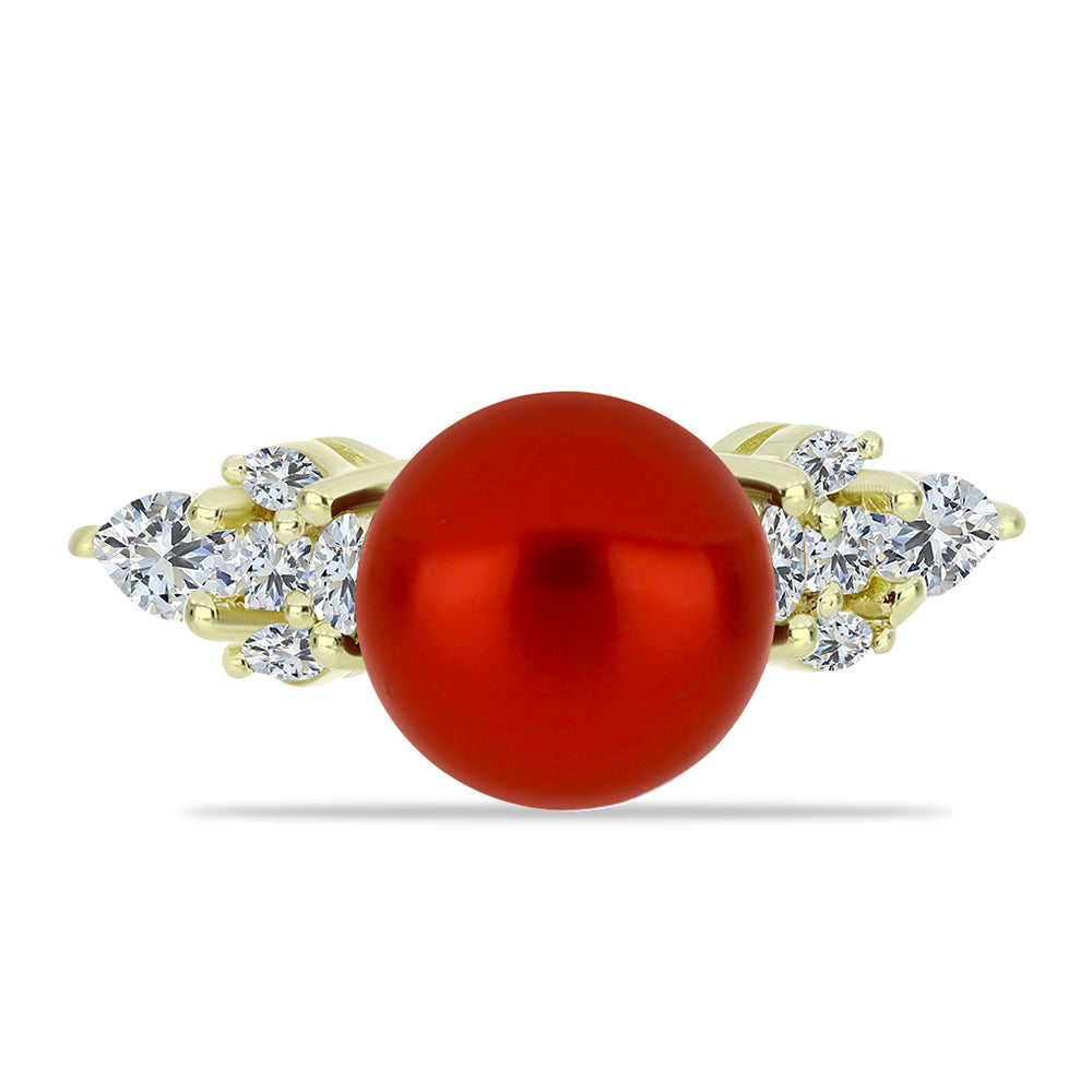 Anillo de Plata Bañada en Oro con Perla roja de río y Topacio Blanco