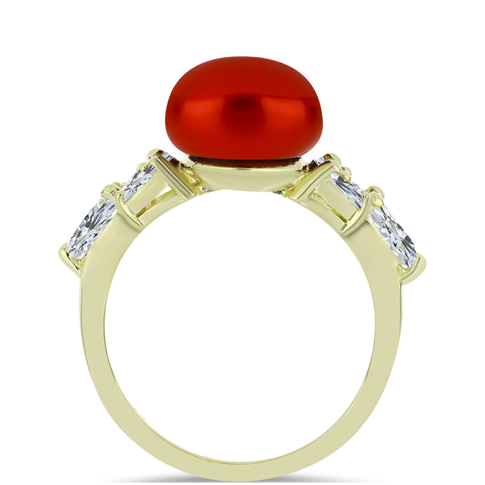 Anillo de Plata Bañada en Oro con Perla roja de río y Topacio Blanco 2 