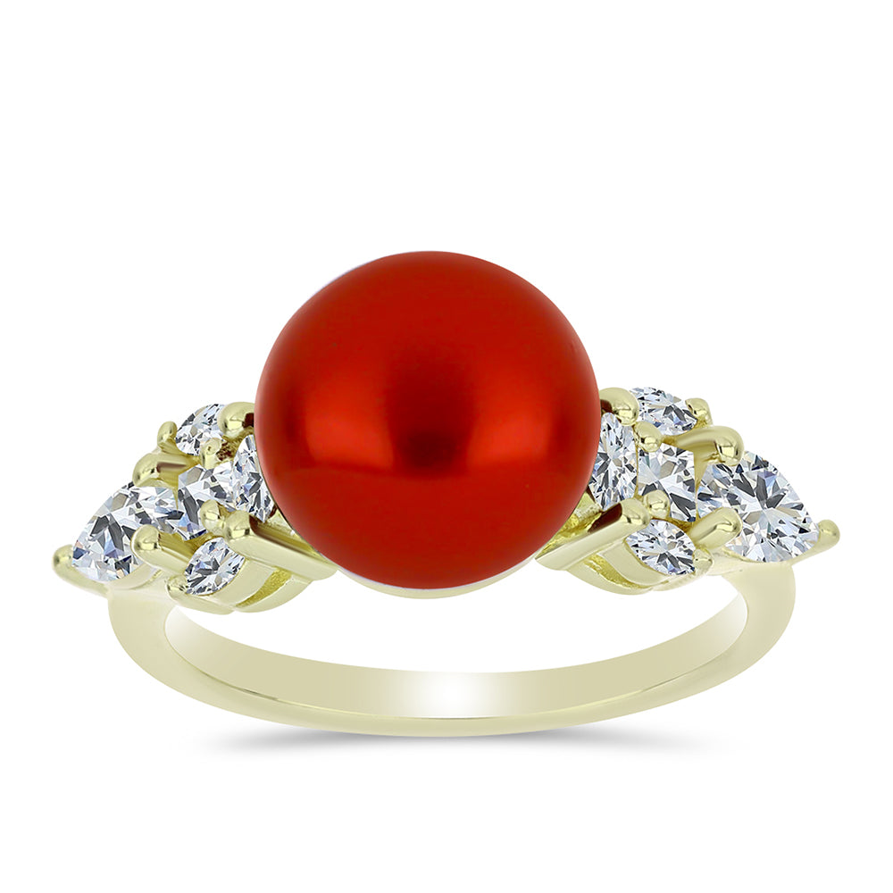 Anillo de Plata Bañada en Oro con Perla roja de río y Topacio Blanco 3 