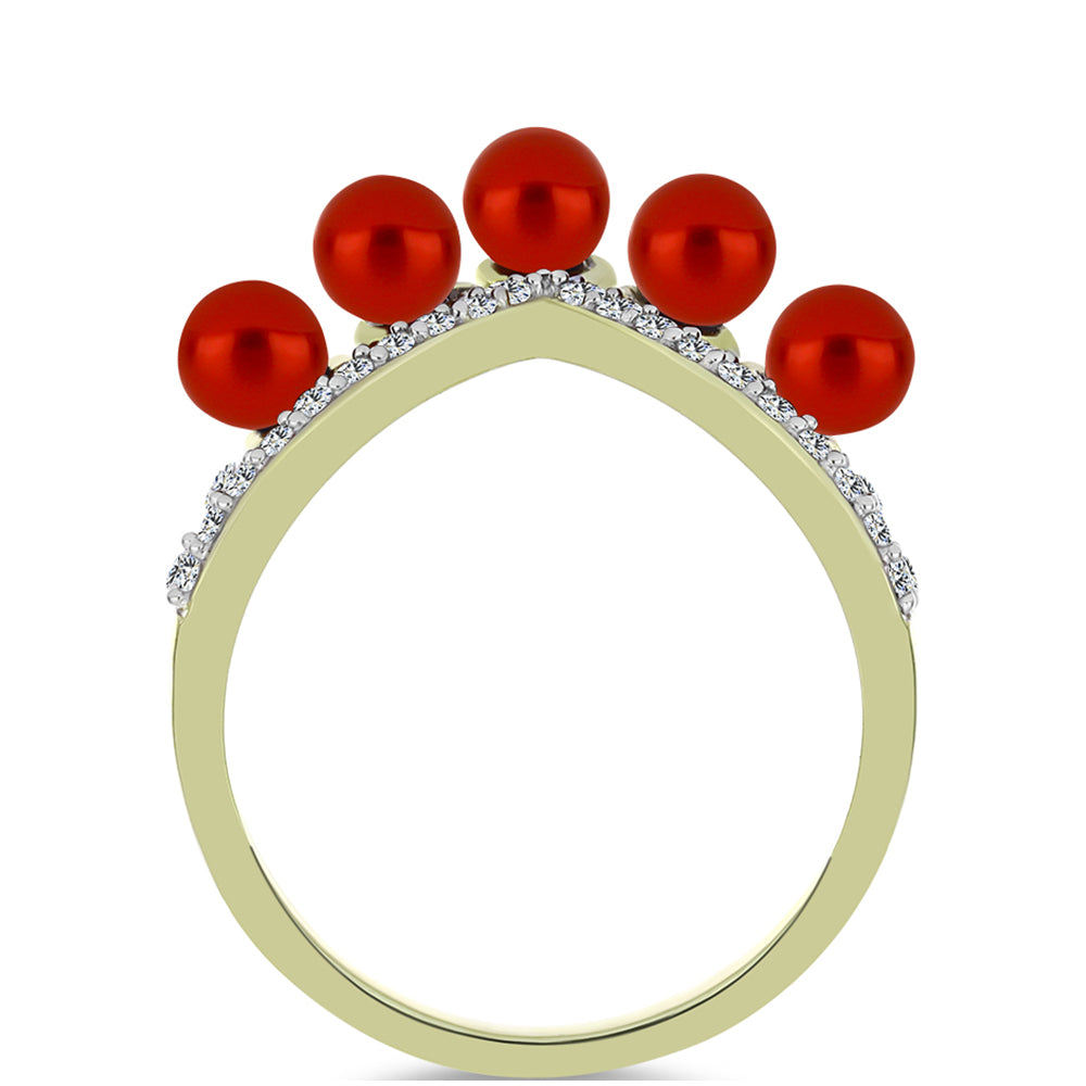 Anillo de Plata Bañada en Oro con Perla roja de río y Topacio Blanco