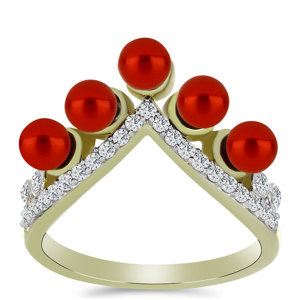 Anillo de Plata Bañada en Oro con Perla roja de río y Topacio Blanco 3 