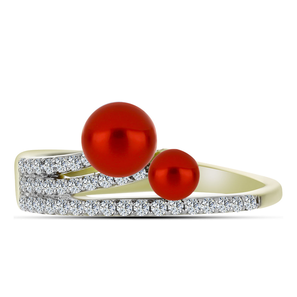 Anillo de Plata Bañada en Oro con Perla roja de río y Topacio Blanco 1 