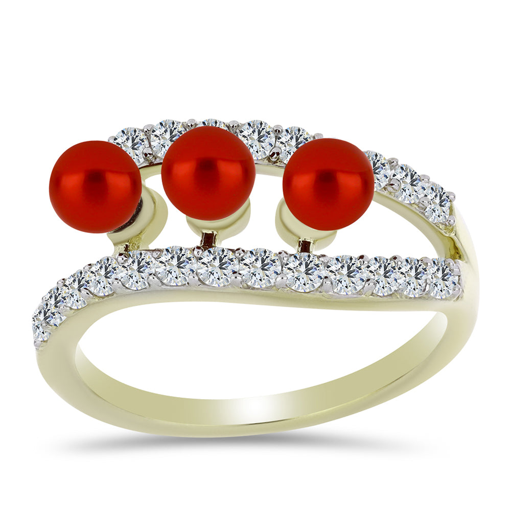 Anillo de Plata Bañada en Oro con Perla roja de río y Topacio Blanco 3 